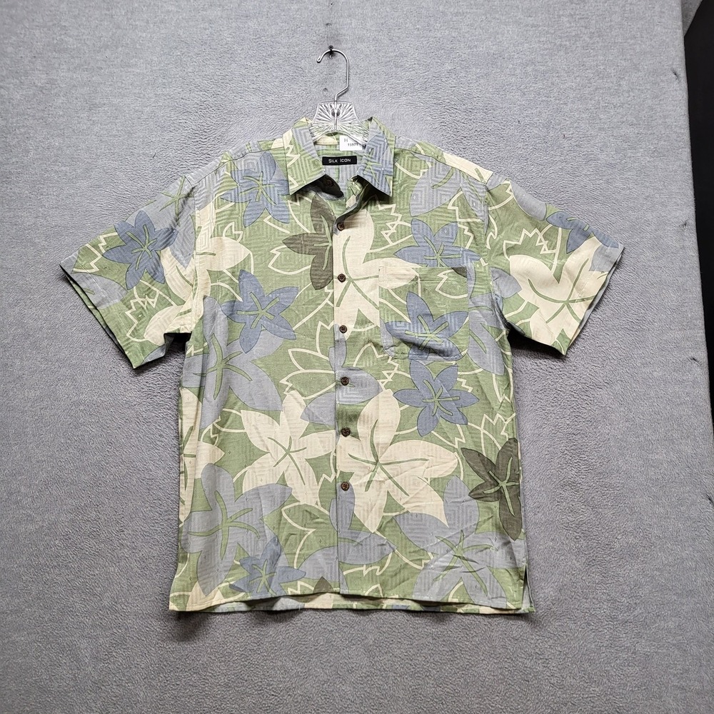 Silk‎ Icon Men Button Up Shirt M Green Blue Beige Hawaiian Floral